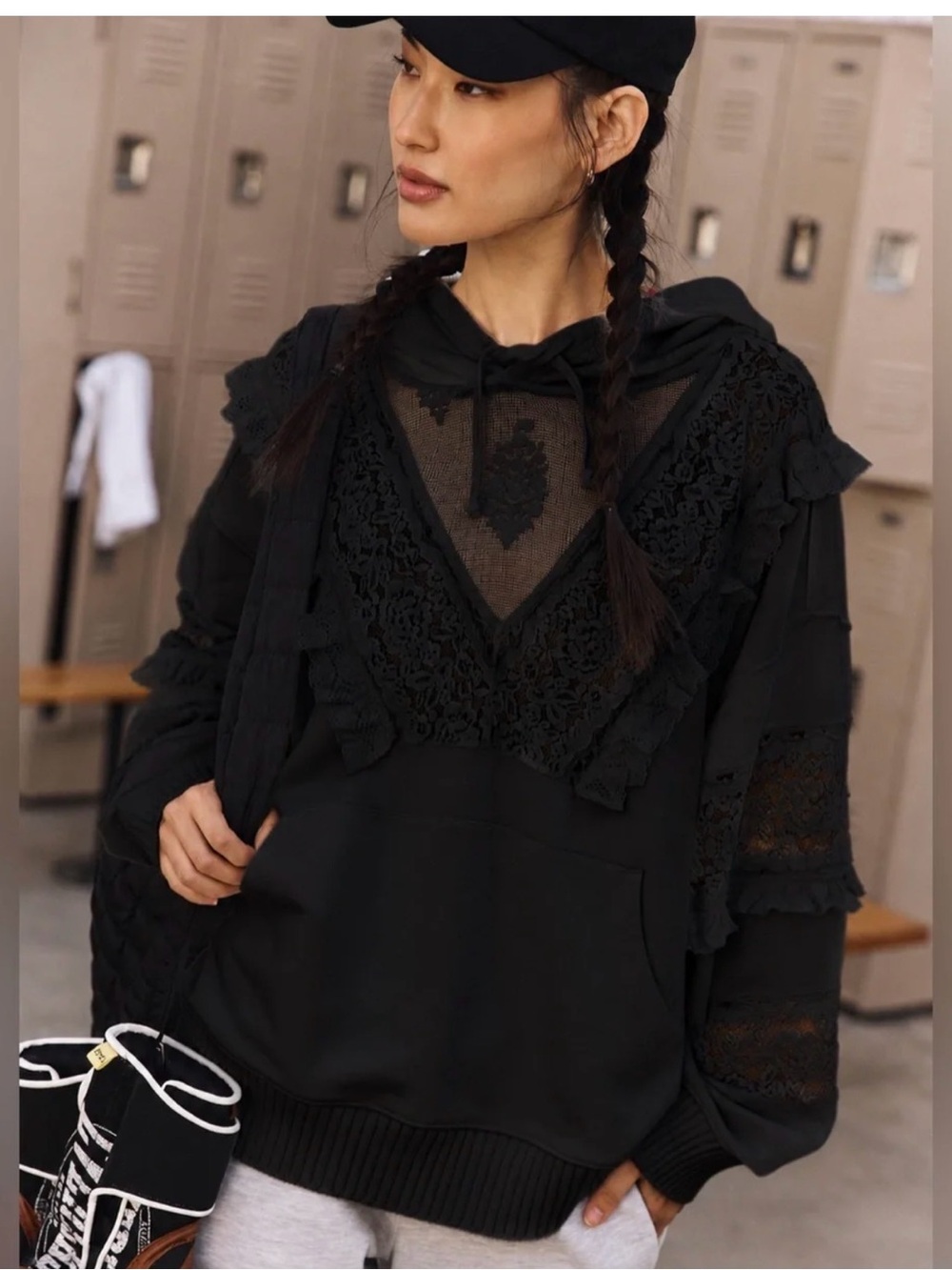 FP Movement Studio Tunic Hooded Lace Trim Sweatshirt